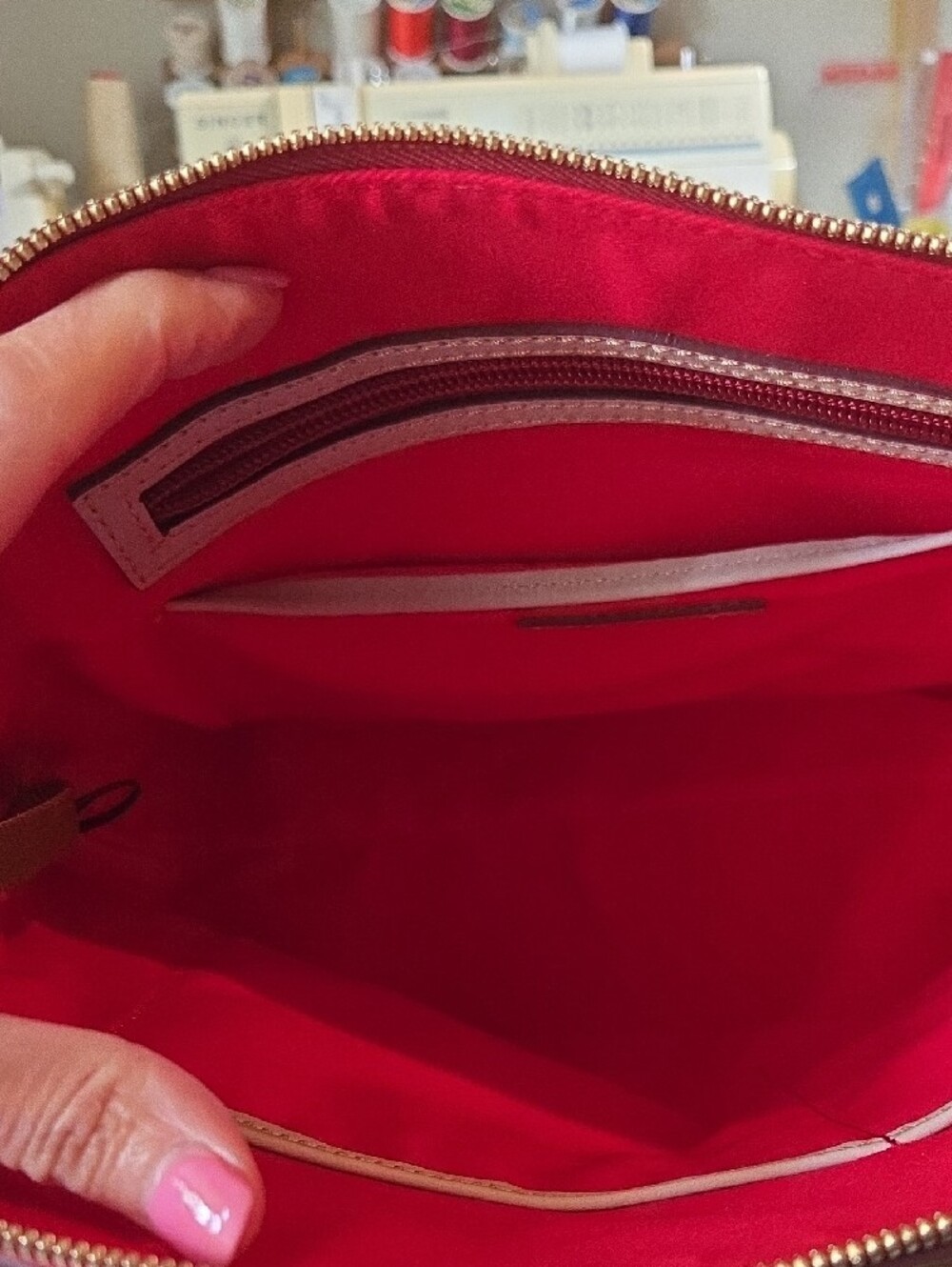 Dooney & Bourke Cream Leather Satchel with Red Trim - Picture 6 of 13